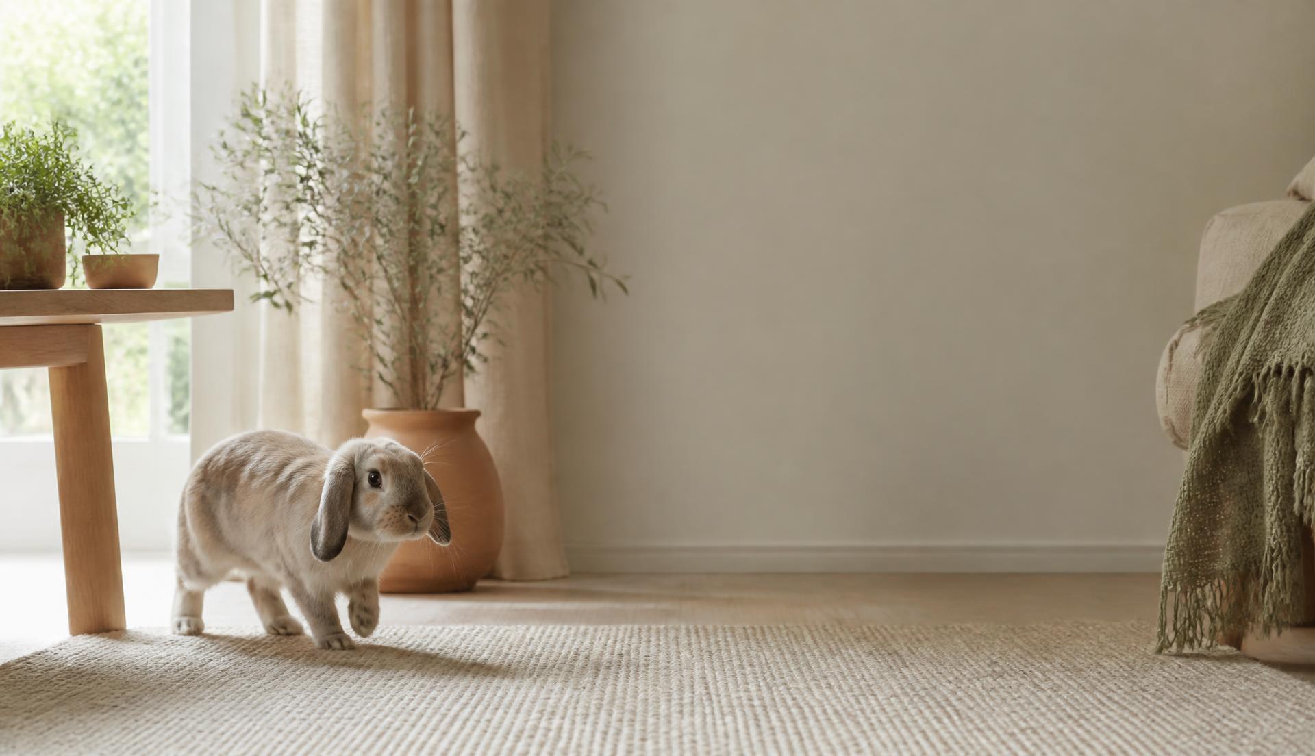 Lapin bélier découvrant un intérieur calme et sécurisé
