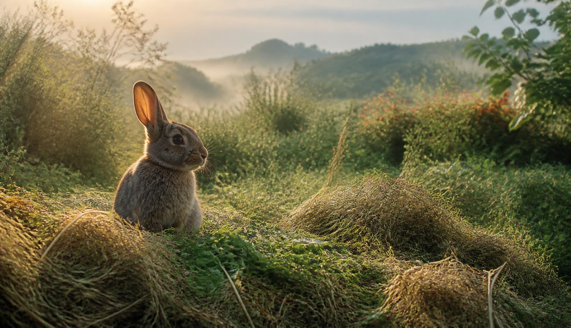 Lapin au milieu du foin et des herbes fraîches