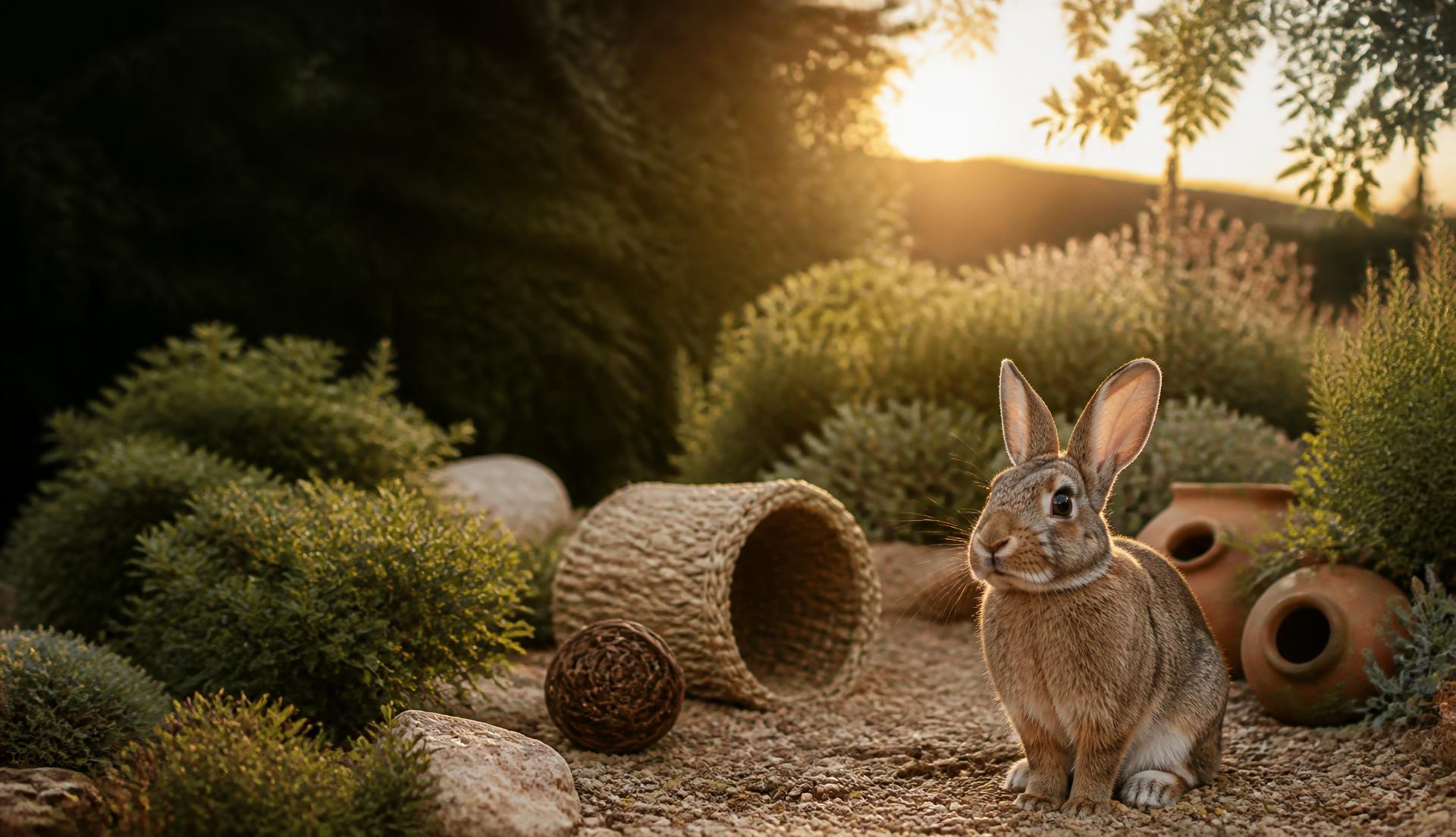 Lapin dans un jardin aménagé avec des jeux naturels