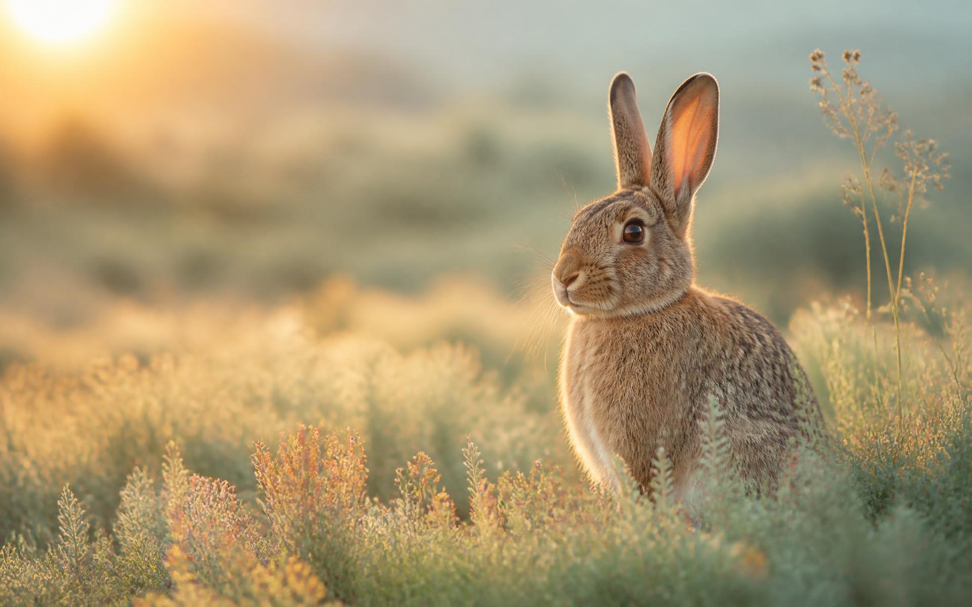 Lapin dans une prairie baignée par la lumière du matin